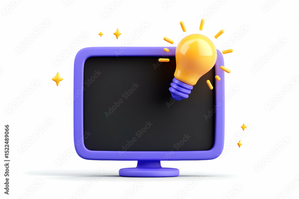 Poster 3d render of a purple computer monitor with a yellow light bulb representing a new idea or innovatio