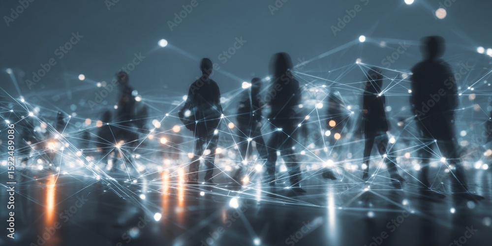 Poster diverse individuals connected through abstract digital network, representing social interaction, col