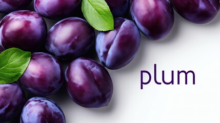 Obraz premium Fresh plums with green leaves and text on white, Purple fruits arranged with modern typography, Great for food packaging or branding use