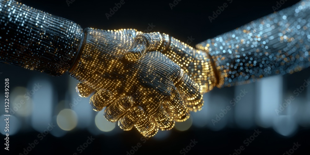 Poster futuristic handshake symbolizing partnership, technology, innovation, and connection in a digital wo