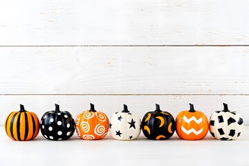 Decorated halloween pumpkins in a row against white wooden background for festive decor