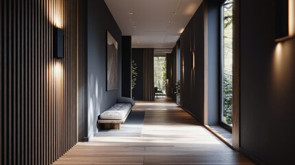 Modern minimalist hallway with wood accents, large windows, and natural light, featuring clean lines, stylish lighting and serene interior design in neutral tones.