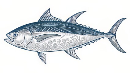 Fototapeta premium Precision Line Drawing of Tuna with Open Mouth and Fin Detail