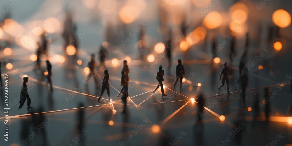 Poster Network connection illustration with figures representing people in a digital landscape, showcasing interaction and communication in a modern setting