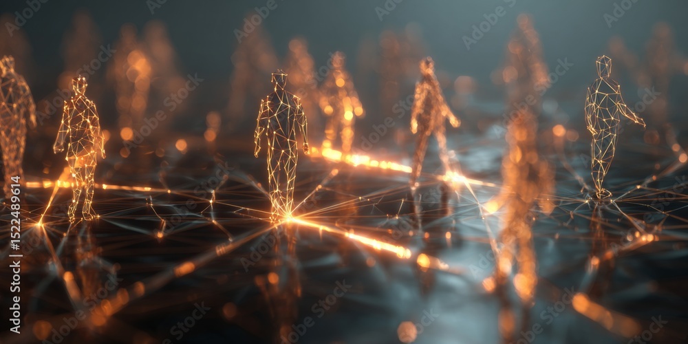 Poster Network connection illustration with figures representing people in a digital landscape, showcasing interaction and communication in a modern setting