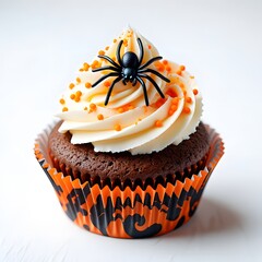 Delicious halloween cupcake with whipped frosting spider decoration and orange sprinkles