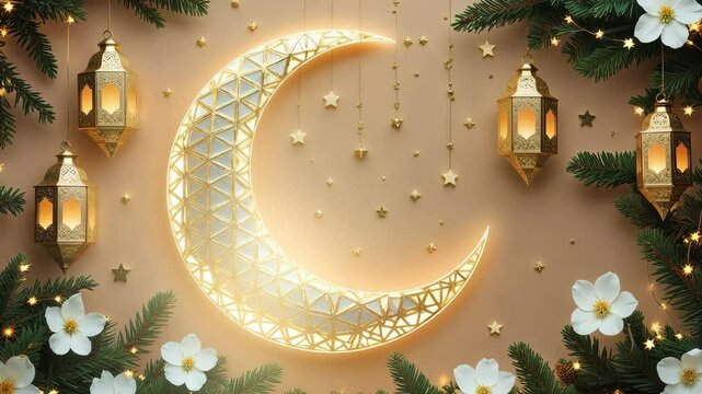 A festive animation features a golden crescent moon lanterns stars and evergreen boughs suitable for religious holidays seasonal greetings or celebrations.