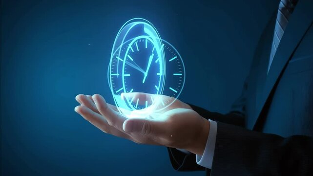 A hand presents a futuristic holographic clock; useful for illustrating time management concepts or future technology relating to managing time. - Powered by Adobe