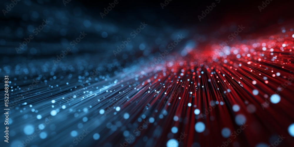 Poster Abstract digital data flowing in a vibrant blue and red illuminated space, representing modern technology and futuristic concepts of information transfer and speed