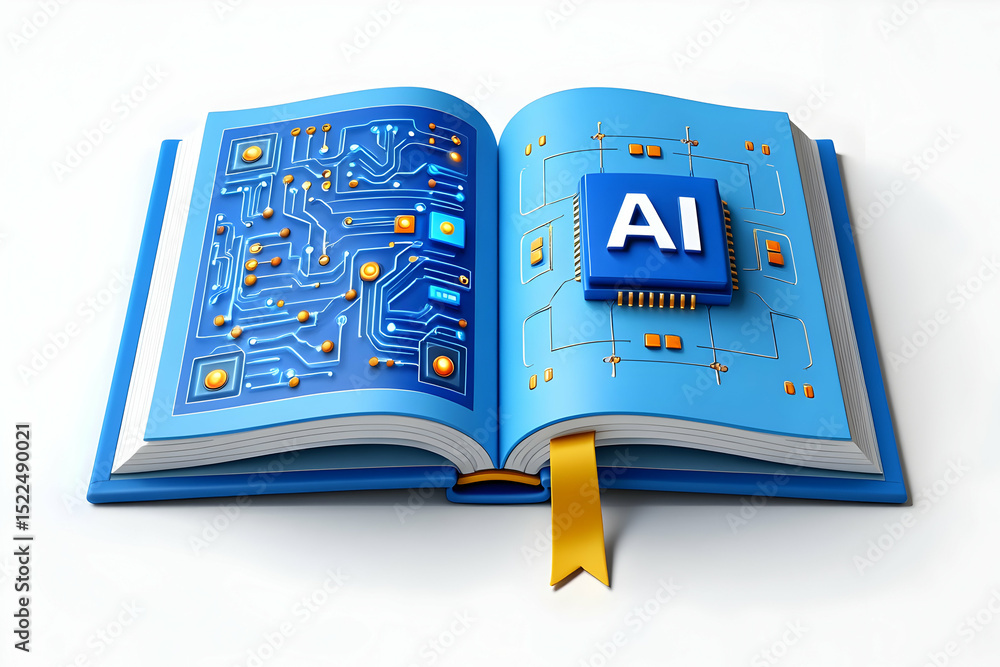 Poster open book with ai circuit board design and microchip