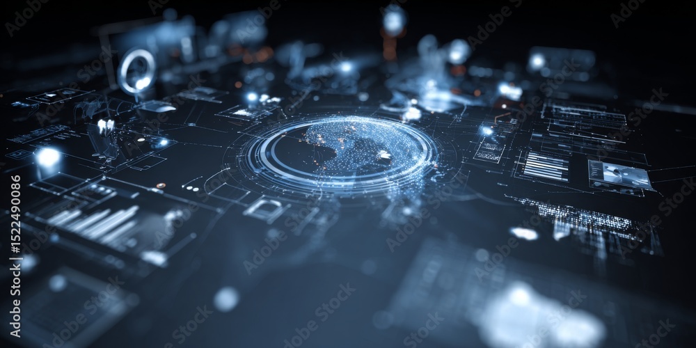 Poster Futuristic digital network interface with global connections, data analysis, and user interaction elements in a technology-driven environment