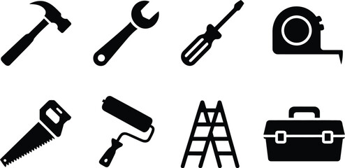 Handyman tools vector icon set construction repair equipment diy toolkit hammer wrench screwdriver tape 100 editable stock vector illustration