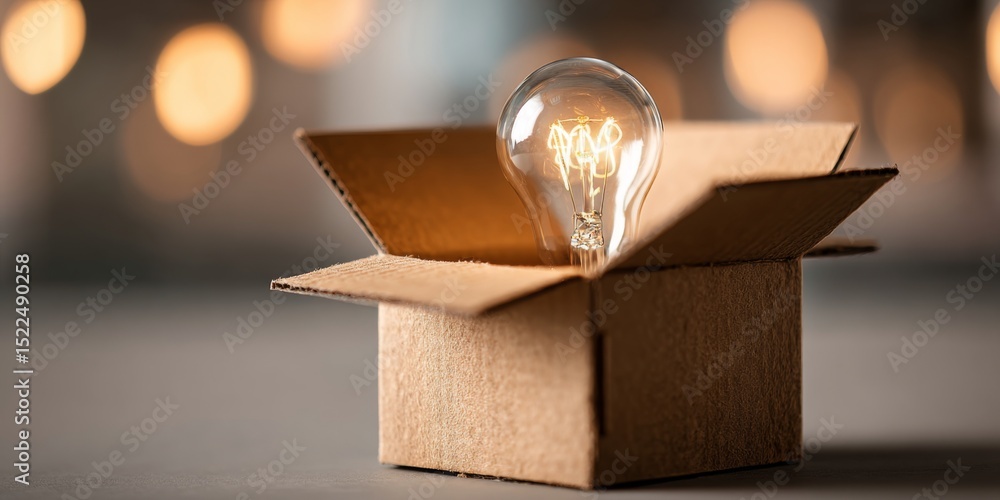 Aufkleber Creative concept of innovation and ideas emerging from an open cardboard box with a light bulb concept in a modern office setting