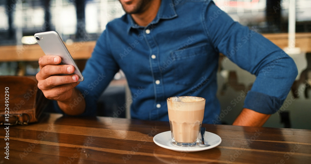 Poster cafe, coffee and hands with smartphone for text, online communication and scroll on social media. re