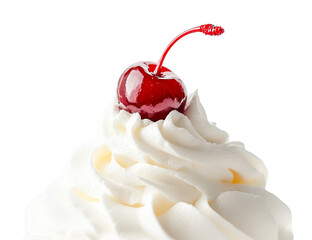 Close-up of whipped cream topping with a red cherry, transparent background, perfect for dessert menus or food blogs.