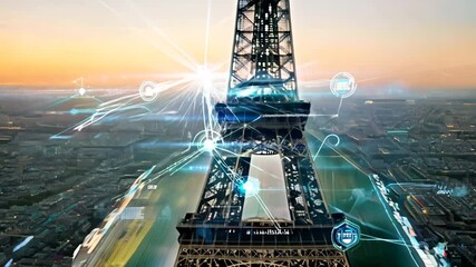 Digital network visualization highlighting data connections near eiffel tower silhouette, representing technological interconnectedness against twilight paris cityscape - Powered by Adobe
