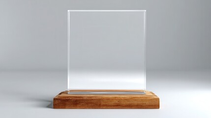 Ultra quality image of 3D rendering of a blank glass award on a gray background for design mock-up. White, transparent acrylic, square shape with a wooden base and a silver plate at.