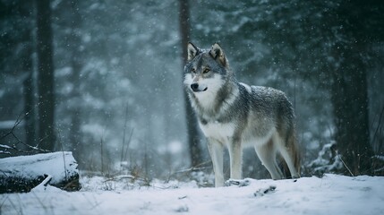 Fototapeta premium A wolf standing alert in a snowy forest clearing under gentle snowfall.