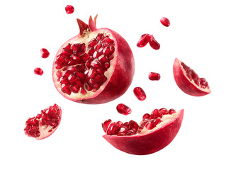 flying pomegranate and half slices on clipping path transprent