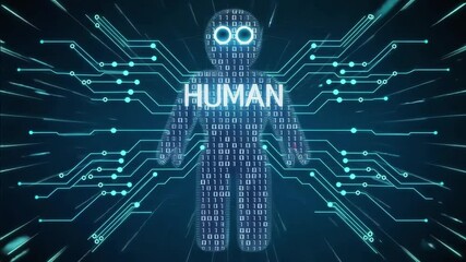 A digital human concept with binary code and circuit board lines illustrates artificial intelligence technology or the future of human augmentation. - Powered by Adobe