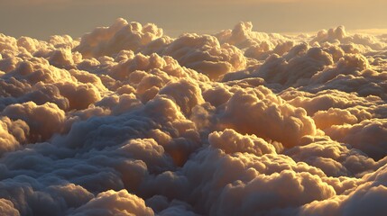 Cloudscape of layered cotton-like clouds illuminated from below by golden hour sun.