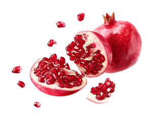 flying pomegranate and half slices on clipping path transprent