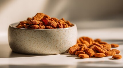 Freeze-dried dog food pieces scattered next to a branded bowl on a smooth white table, photographed with cinematic lighting.