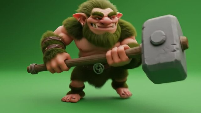 Green Troll with Hammer 3D Render on Green Screen