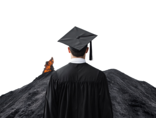 Graduation journey with a volcanic backdrop symbolizing challenges on a transparent background, cut out