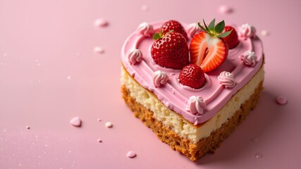 Strawberry cake with pink frosting in the shape of a heart, valentines day dessert
