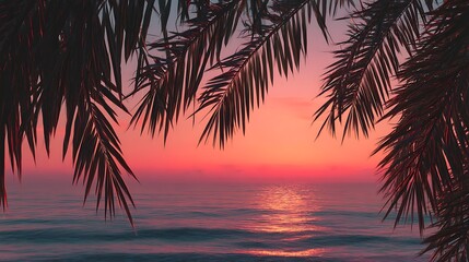 Silhouettes of palm leaves against a glowing pink and orange sunset sky, with the ocean's mirror-like surface stretching endlessly to the horizon.