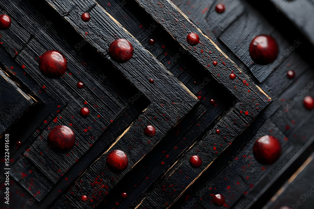 Poster abstract patterns of textured wood with vibrant red droplets create a visually striking composition.