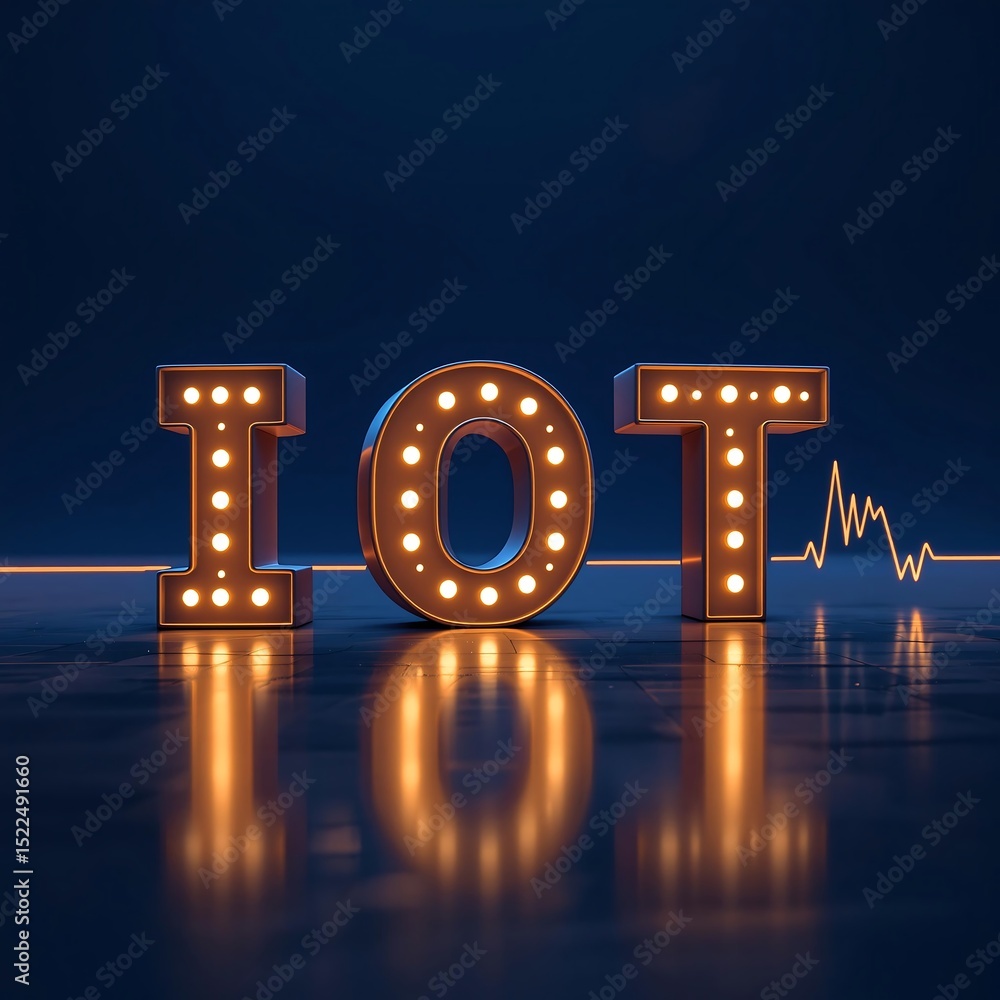 Poster illuminated iot letters with a glowing line and a graph on a reflective dark blue surface