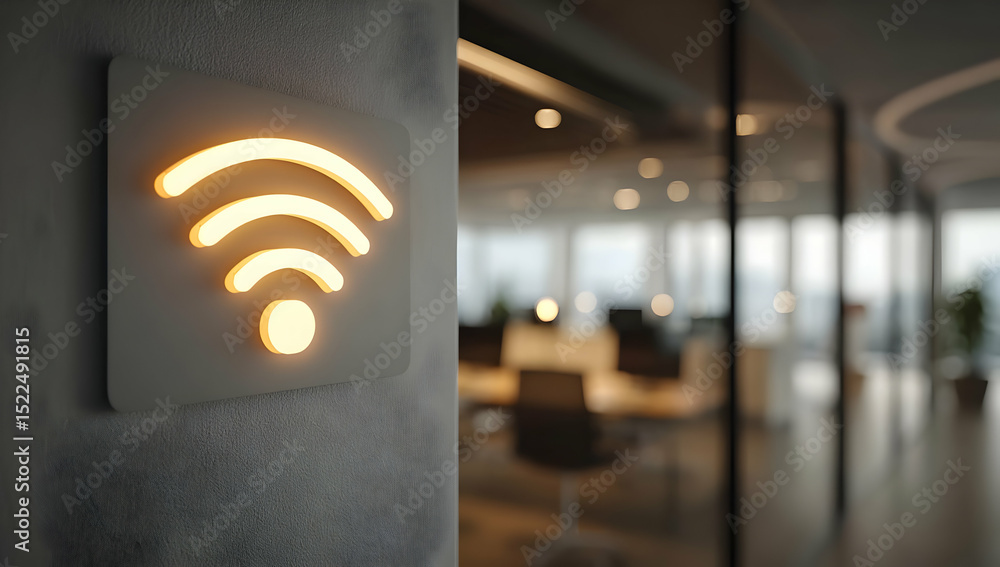 Poster modern workspace with illuminated wi-fi symbol, representing connectivity and communication in a sty