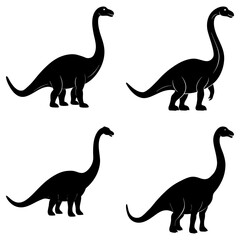 Four black silhouettes of sauropod dinosaurs with long necks and tails on a white background scene