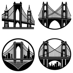 Four black and white bridge illustrations in different styles and perspectives shown together in a grid