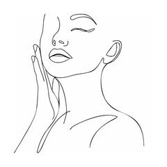 Minimalist line art illustration of a woman's face and hand touching the skin
