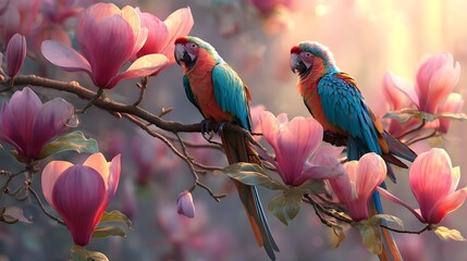 Two colorful parrots playing among pink magnolia blossoms, sun rays filtering through leaves, highly detailed realistic shot.
