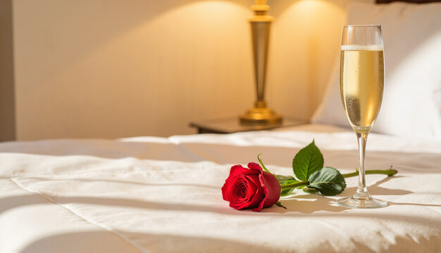 Red rose and champagne glass on a bed with soft lighting  