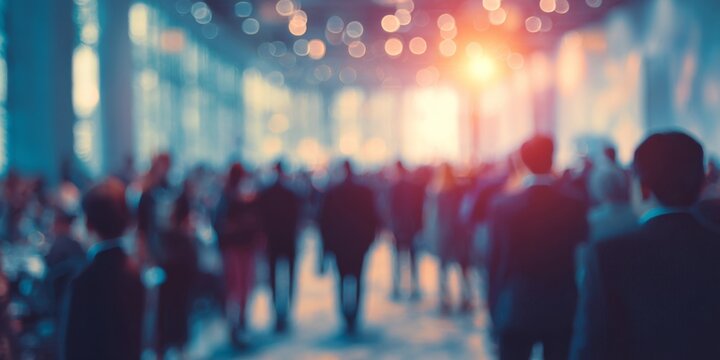 A corporate event with a large group of attendees, depicted in a defocused image with abstract background elements.