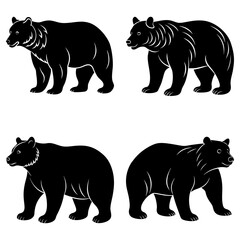 Fototapeta premium Four black bear silhouettes in various poses standing on a white background in a vector illustration