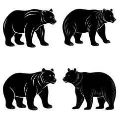 Four black bear silhouettes in various poses against a white background, showcasing wildlife art style