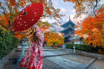 Japanese Woman in  Traditional Kimono Dress at Shinnyodo or Shinshogokurakuji temple with beautiful autumn scenario in Kyoto, Japan