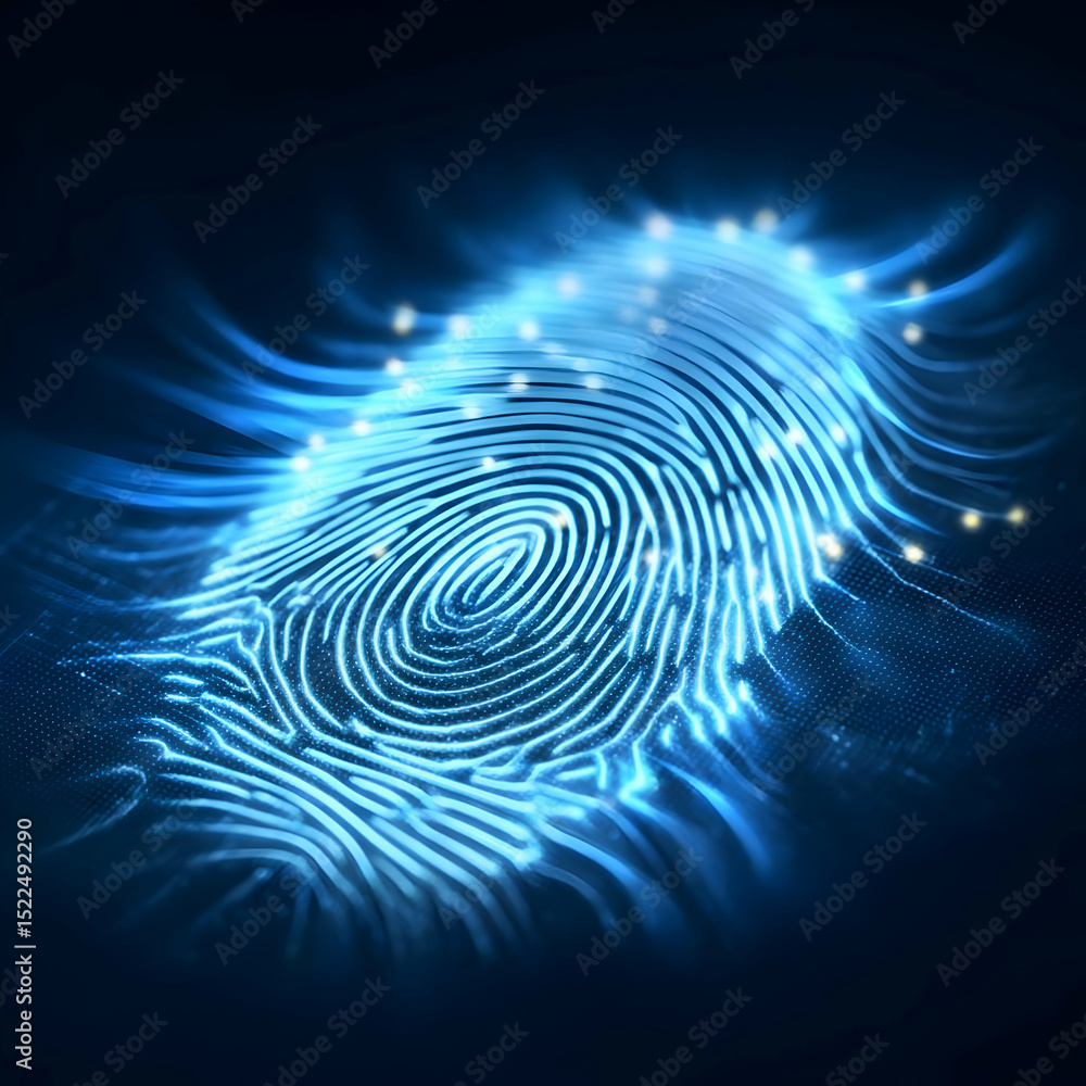 Poster a glowing fingerprint design representing security and identity in the digital world.