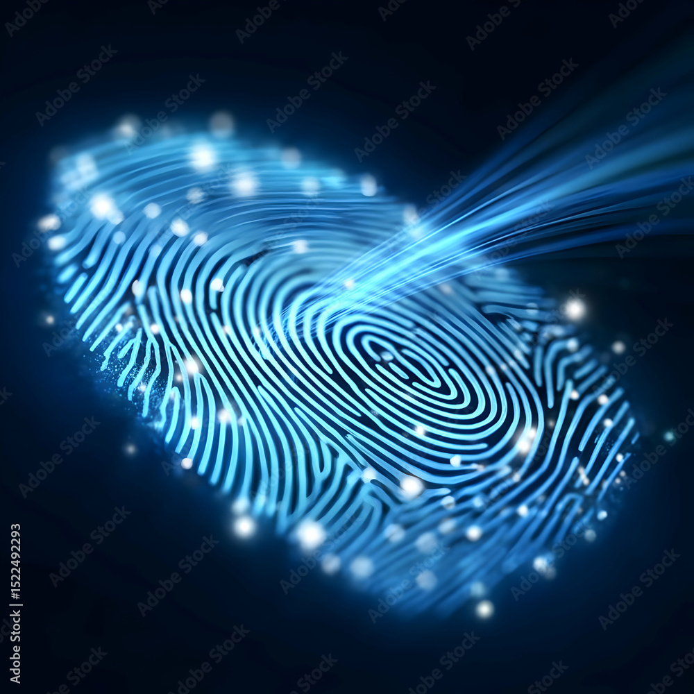 Poster futuristic digital fingerprint with glowing lines and lights, symbolizing security and identity veri