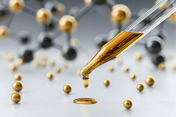 A close-up of a pipette dispensing liquid over molecular structures, showcasing the intersection of chemistry and technology.