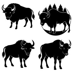 Four bison silhouettes in various poses and settings against a white background artfully arranged