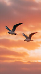 Fototapeta premium Two seagulls gracefully flying in the colorful sky at sunset, capturing the essence of freedom and nature.