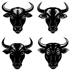 Four black bull heads with different horn styles arranged in a square formation on white background