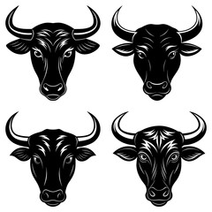 Four black and white bull heads with different horn shapes and facial markings in a square arrangement